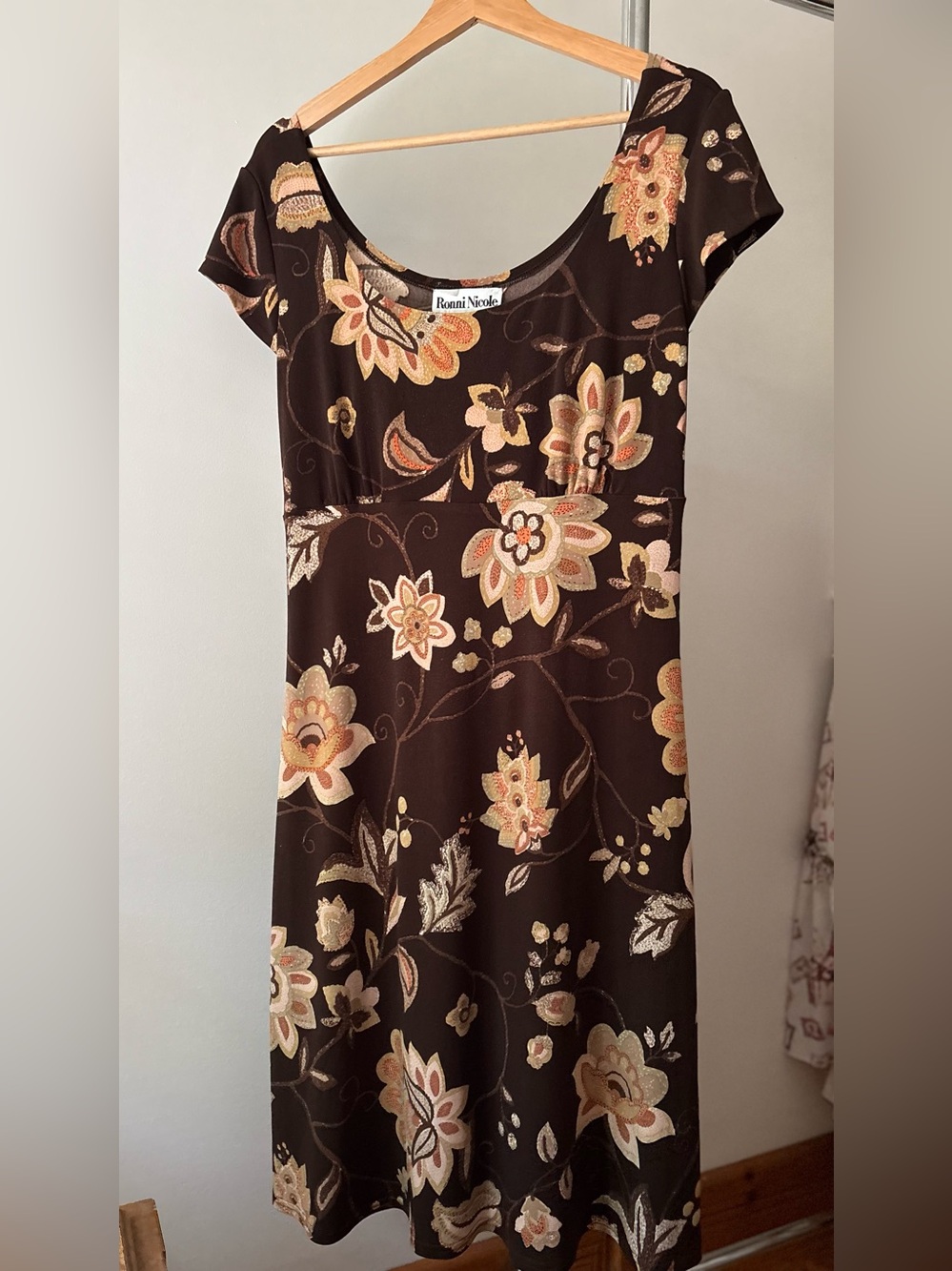 1990s Brown & Pink Floral Jersey Mini Dress